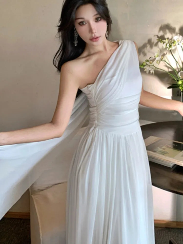 LBSFY -French Retro Goddess Elegant Dresses For Woman White Single-Shoulder Flowy Strap Long Dress Fashion Vacation Holiday New 2025