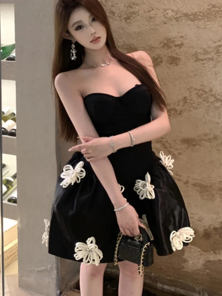 LBSFY -Spring Summer 2025 Elegant Chic French Strapless Women's Dresses Black Backless Slim Fit Waist Spliced Ball Gown Dress Party