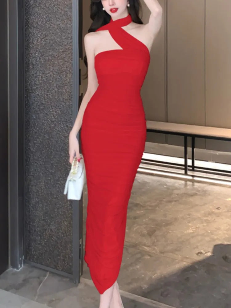 LBSFY -Fashion Sexy Halter Pleated Party Dress for Women Vintage Elegant Autumn Strapless Birthday Ladies Bodycon Split Vestidos Mujer