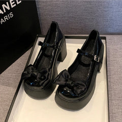 LBSFY  -  Lovely Black Bow Thick Heel Mary Jane for Women Shoes Fashion Increase Women's Shoes Designer Soft Sole Casual Ladies High Heels