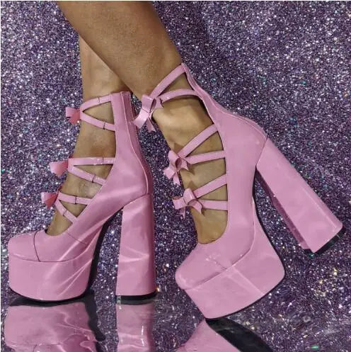 LBSFY  -  Cute Girls Pink Leather Bow Ties Round Toe Thick Bottom Mary Jane Shoes Woman Retro Chunky Heels Hollow Cuts Out Muller Pumps