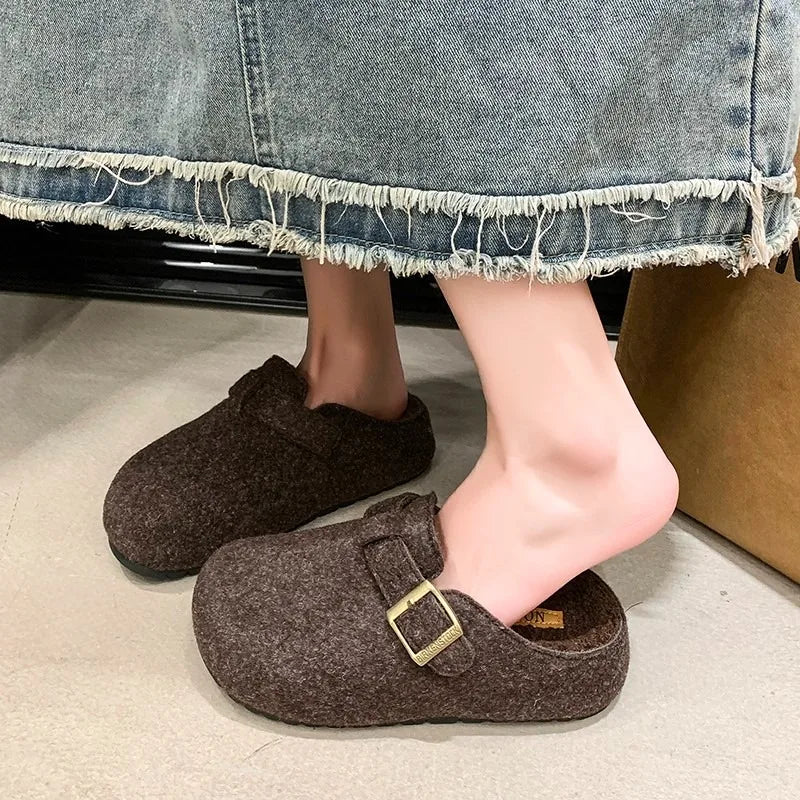 LBSFY -Fashion Women Slippers Mules Fur Women Shoes Winter Buckle Flats Platform Walking Plush Ladies Slides Casual Warm Indoor Boots
