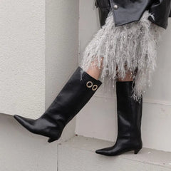 LBSFY  -  2025 New Genuine Leather Knee High Boots Women Pointed Toe Mid Heels Autumn Winter Modern Boots Ladies Shoes