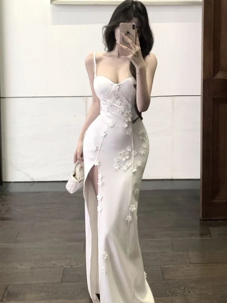 LBSFY -Sexy Elegant Flower White Women's Dresses Off-shoulder Strap Waisted Slim-fit Side Slit Long Dress Summer Party Birthday New