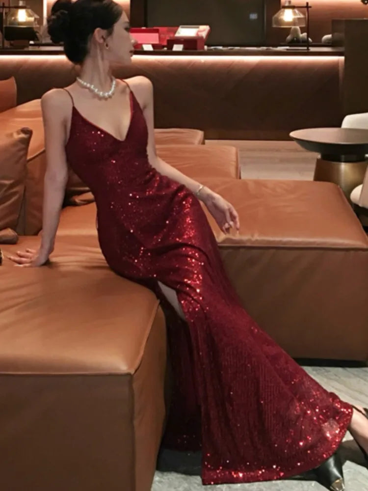 LBSFY -Elegant Backless V-Neck Split Party Dress Sexy Slim Luxury Gown Evening Dresses Fashion Robe Birthday Party Autumn Spring New