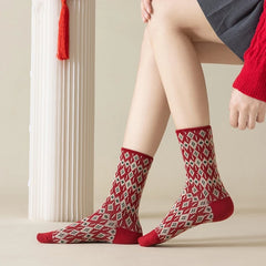 Lbsfy 6 Pairs Happy New Year Socks for Women Combed Cotton Fashion Red Christams Sock Sets Female Winter and Spring Double Needle Sock