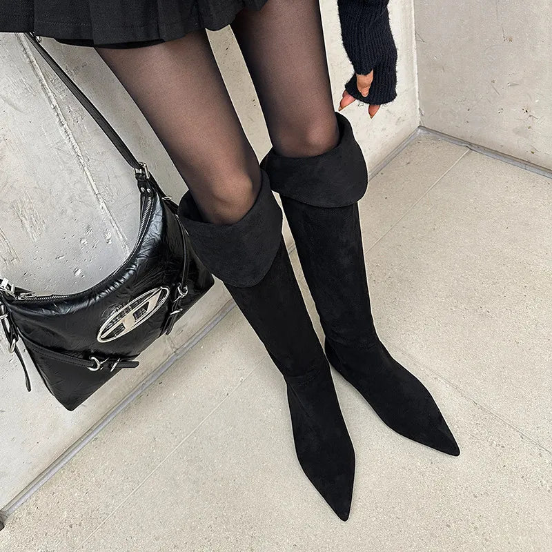 LBSFY  -  Fashion Over Knee Boots Women's New High Quality Suede Pointed Wide Tube Comfortable Flat Bottom Boots Modern Long Boots