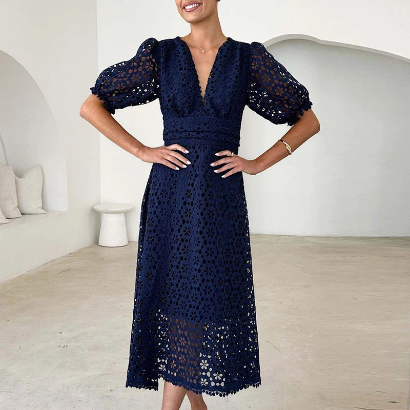 LBSFY  -  Women Elegant Puff Sleeve Solid Color Party Dress Fashion Hight Waist Slim Long Dress Sexy V-neck Lace Hollow Out Evening Dress