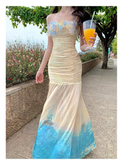 LBSFY -Women's Sexy Floral Bodycon Mesh Mermaid Dresses Elegant Gradient Print Pleated Slim Halter Dress Summer Beach Vacation Outfits