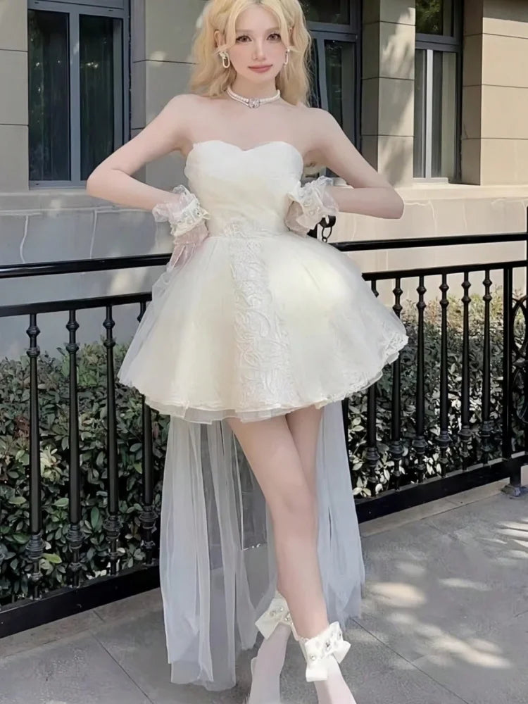LBSFY -Mesh Patchwork Vintage Elegant Solid Chic Mini Dress Women Fashion Party Birthday Princess Dresses Female Clothes Spring Summer