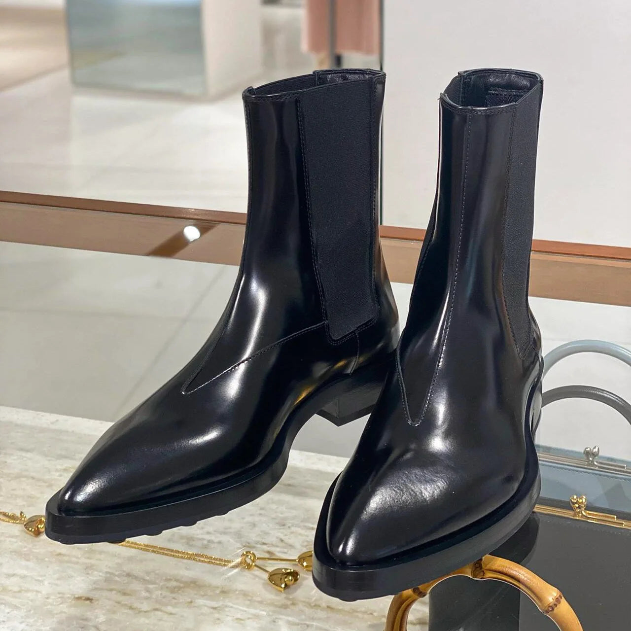 LBSFY  -  Sharp Pointed Chelsea Boots Patent Leather, Spliced with Elastic Fabric, Short Boots, Mid Length Boots, Slim Boots for Women