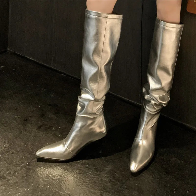 LBSFY  -  2024 New Fashion Slip On Over The Knee Boots Pleated Genuine Leather Boots For Women Thin High Heels Winter Boots
