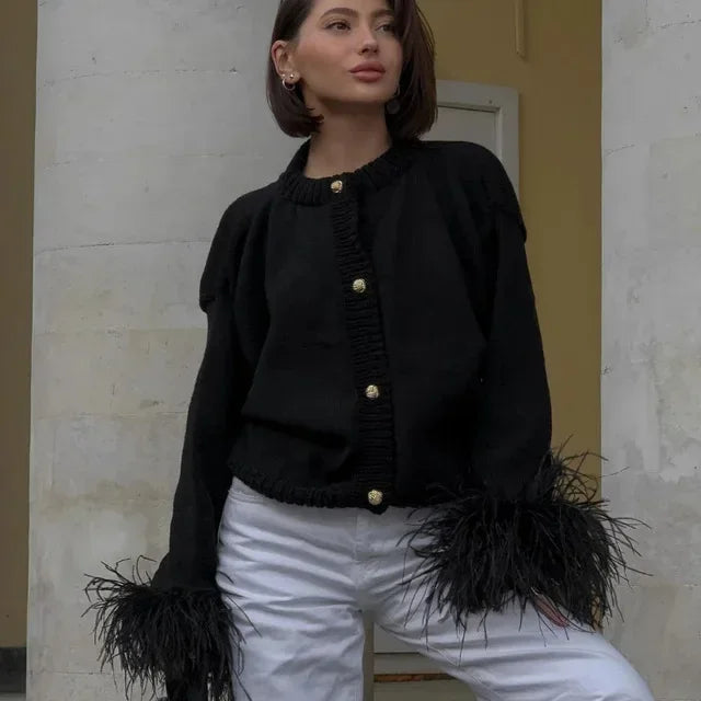 LBSFY  -  2025 Feather Patchwork Knitted Cardigan Women Fashion Long Sleeve Single Breasted Short Loose Sweater Coats Elegant Street Tops