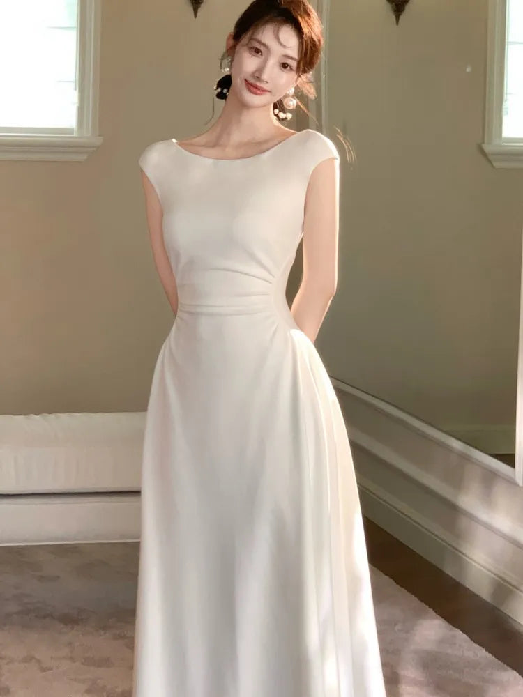 LBSFY -French Vintage Slim Women's Dresses Summer Elegant Slash-Neck A-Line Folds Design Shoulder Wrap New Dresses Party Evening 2025