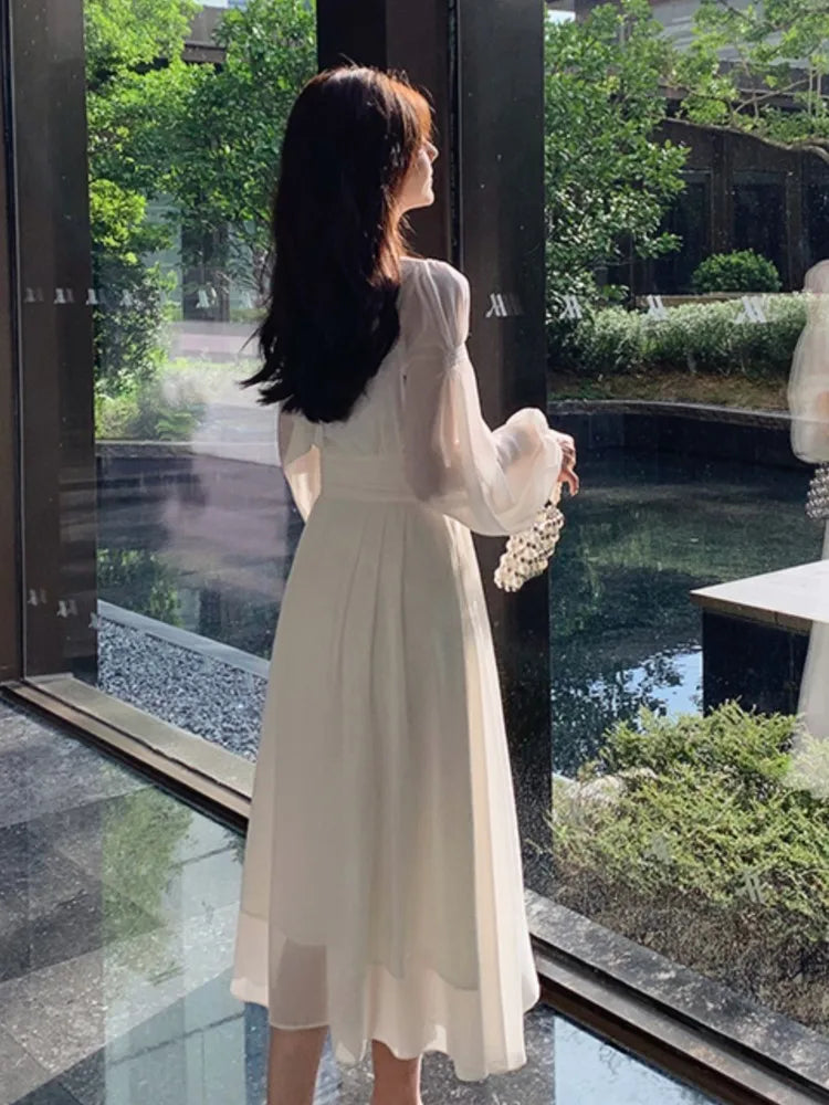 LBSFY -Elegant Long Sleeve Evening Dresses for Women Autumn Slim Lace Up A-Line Party Prom White Dress Autumn French Female Clothes New