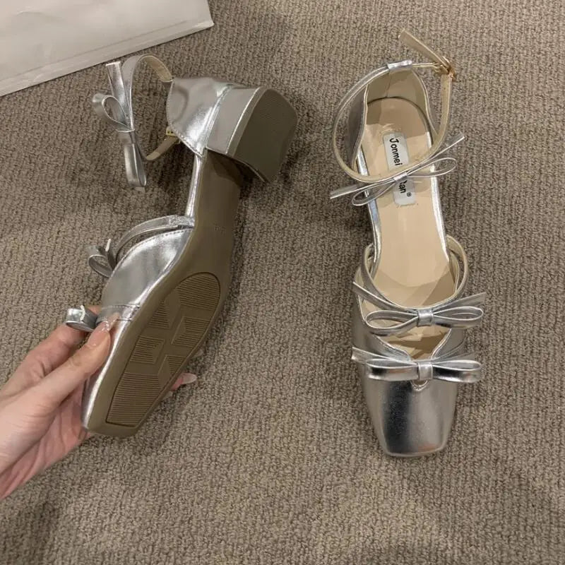 LBSFY  -  Butterfly Knot Square Toe Mule Shoes Thick Heels Shoes Female Shoes  Fashion Party Dress Sandals Woman Pumps New Mujer