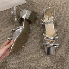 LBSFY  -  Butterfly Knot Square Toe Mule Shoes Thick Heels Shoes Female Shoes  Fashion Party Dress Sandals Woman Pumps New Mujer