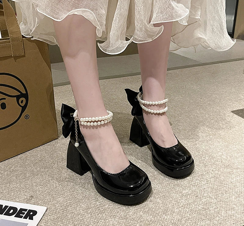 LBSFY  Butterfly-knot Women Mary Jane Shoes Spring Autumn Stripper Party Shoes Laides Elegant Platform Thick Heel Shoes