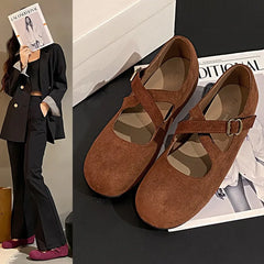 LBSFY -Retro Faux Suede Flat Internal Increase Women Dance Shoes 2025 Spring Autumn New French Casual Commuting Mary Jane Shoes Woman