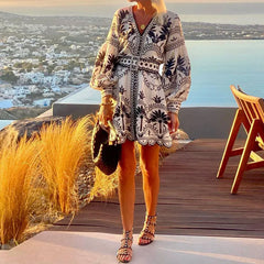 LBSFY  -  Boho Style Pattern Print Retro Party Dress Women Spring V Neck Lace-up Office Mini Dress Autumn Lantern Long Sleeve A-Line Dress