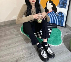 LBSFY  -  Girls Black White Patchwork Checkered Grid Thick Sole Loafers Shoes Women Round Toe Lace Up Height Increasing 6 CM Heels Pumps