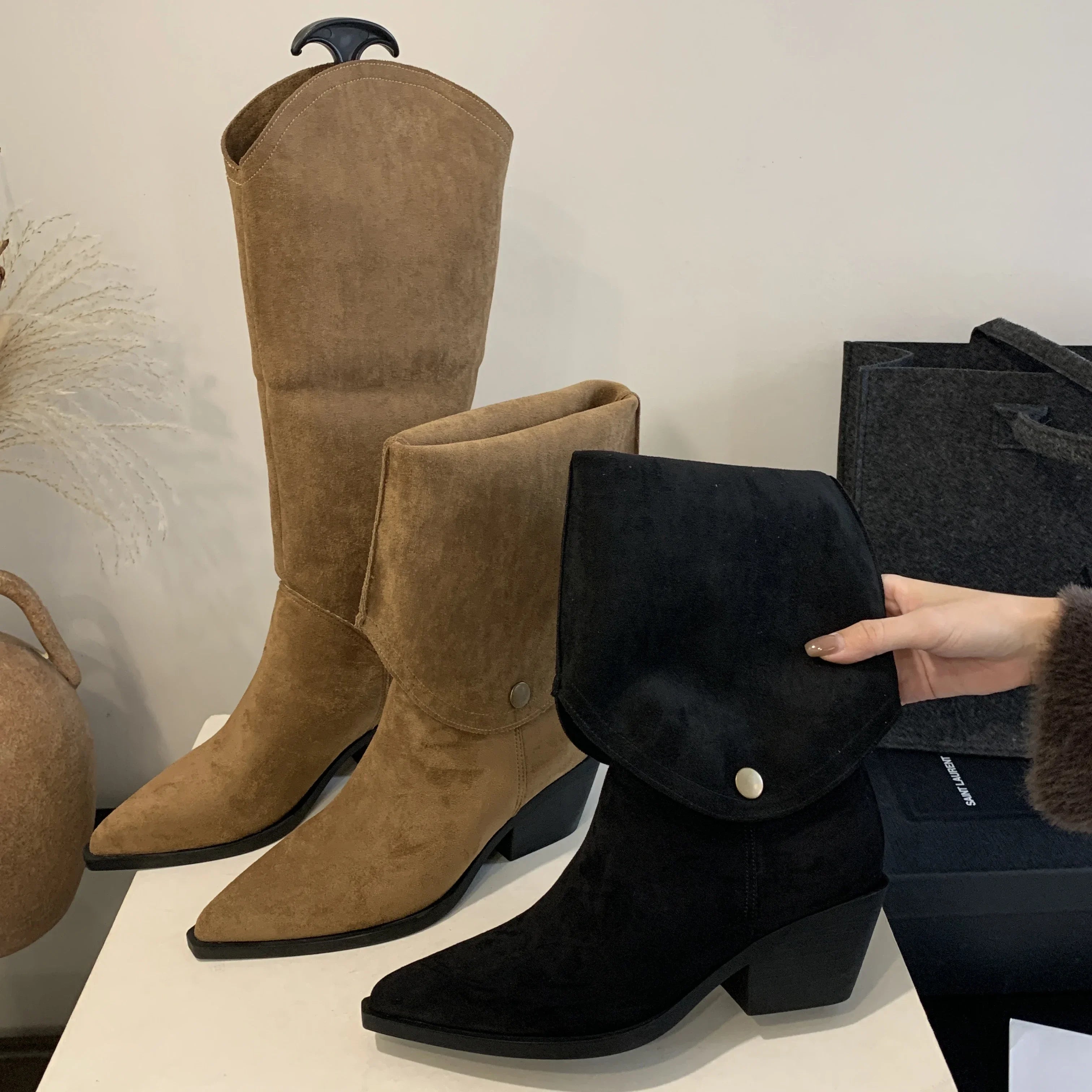 LBSFY -Retro Style Fold Button Women Knee-High Boots Fashion Pointed Toe Square Low Heels Casual Dress Ladies Shoes