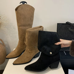 LBSFY -Retro Style Fold Button Women Knee-High Boots Fashion Pointed Toe Square Low Heels Casual Dress Ladies Shoes