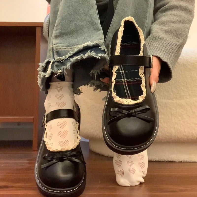 LBSFY -Butterfly-knot Lolita Women Leather Shoes Shallow Round Toe Ladies Concise Outdoor College Style Mary Jane Shoes