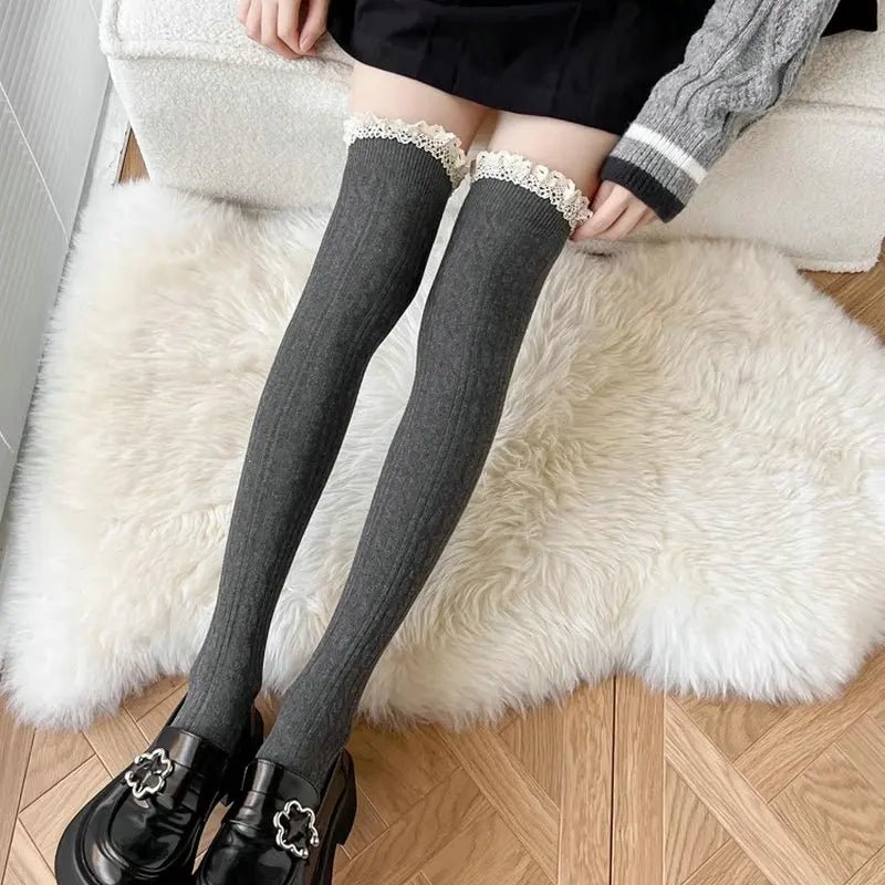 Lbsfy Japanese JK Lace Socks Lolita Lace Stockings Women Knitted Pattern Girls Cute Elegant Solid Color Winter Warmer Floor Hosiery