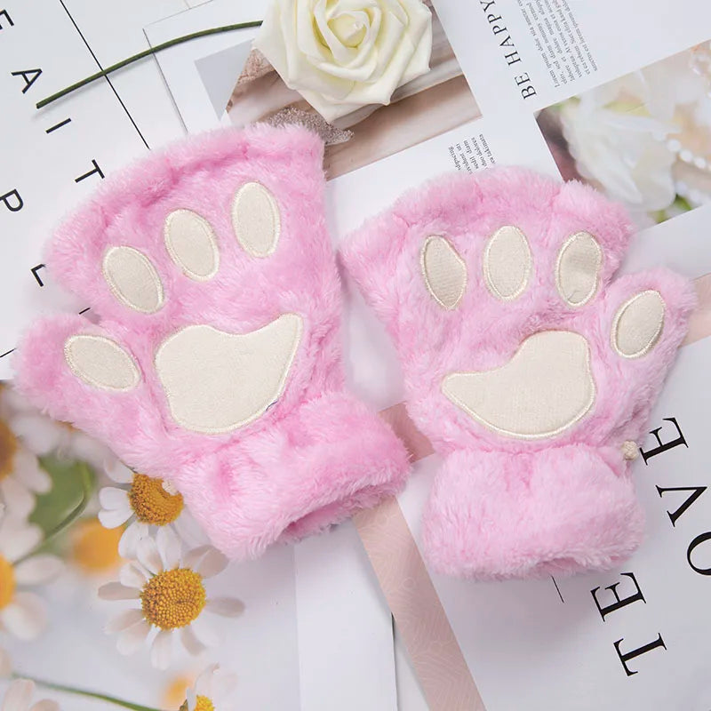 Lbsfy 1Pair Winter Gloves Women Bear Plush Cat Paw Claw Cute Kitten Fingerless Mittens Christmas Halloween for Girls Gift Gloves