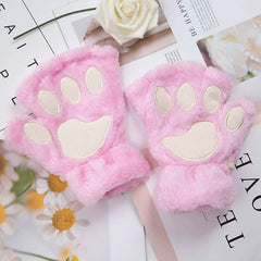 Lbsfy 1Pair Winter Gloves Women Bear Plush Cat Paw Claw Cute Kitten Fingerless Mittens Christmas Halloween for Girls Gift Gloves