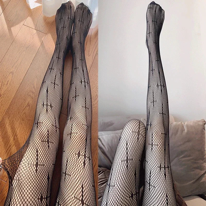 Lbsfy Women Sexy Cross Print Fish Net Tights Long High Nylon Socks Transparent Hollow Out Body Stockings Black Mesh Fishnet Pantyhose