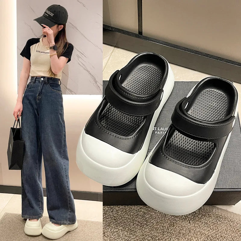 LBSFY  -  Summer Women Slippers Contrast Color All Casual Non-slip Beach Slippers Thick Sole Bag Head Holes Shoes Beach Garden Shoes