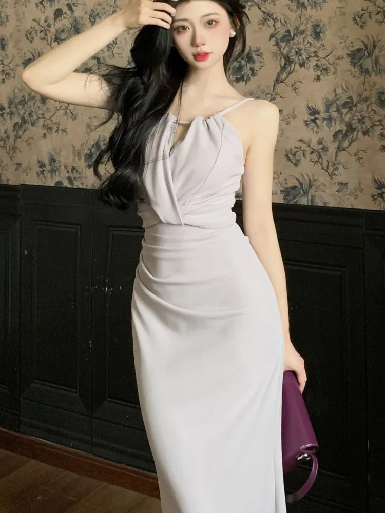 LBSFY -Hollow Elegant Summer Dresses For Women Sexy French Fashion Folds Spaghetti Strap Slim Fit Long Dress Evening Chic Party Robe