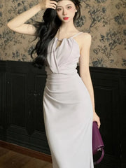 LBSFY -Hollow Elegant Summer Dresses For Women Sexy French Fashion Folds Spaghetti Strap Slim Fit Long Dress Evening Chic Party Robe