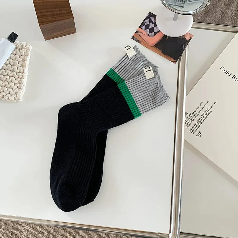 Lbsfy Fashionable and versatile Contrast colored socks women's high top pile up socks Korean version of spring/summer cotton socks