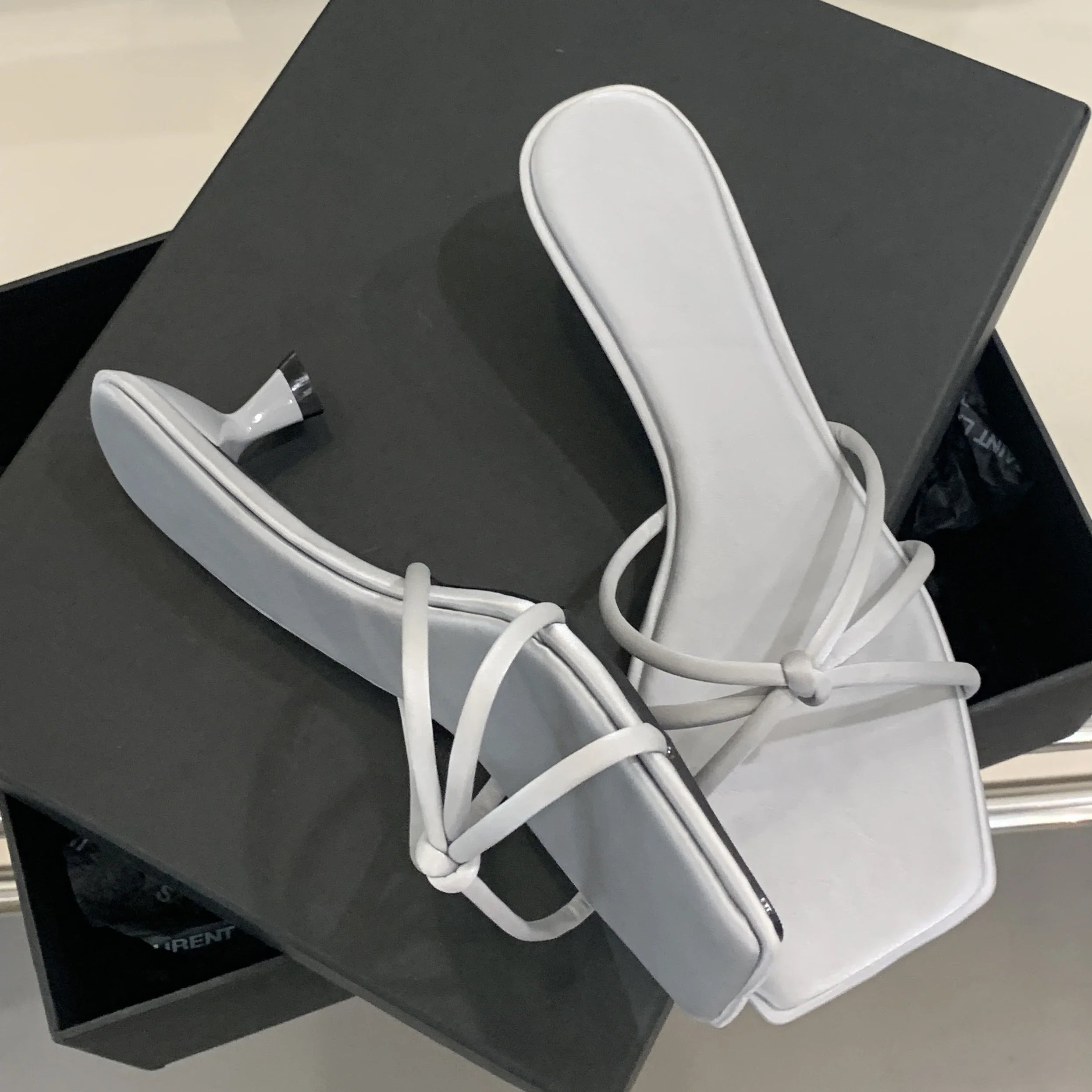 LBSFY -Summer Narrow Band Buckle Strap Slippers Women Square Toe Stiletto Low Heels Slide Mules Party Shoes Zapatos De Mujer