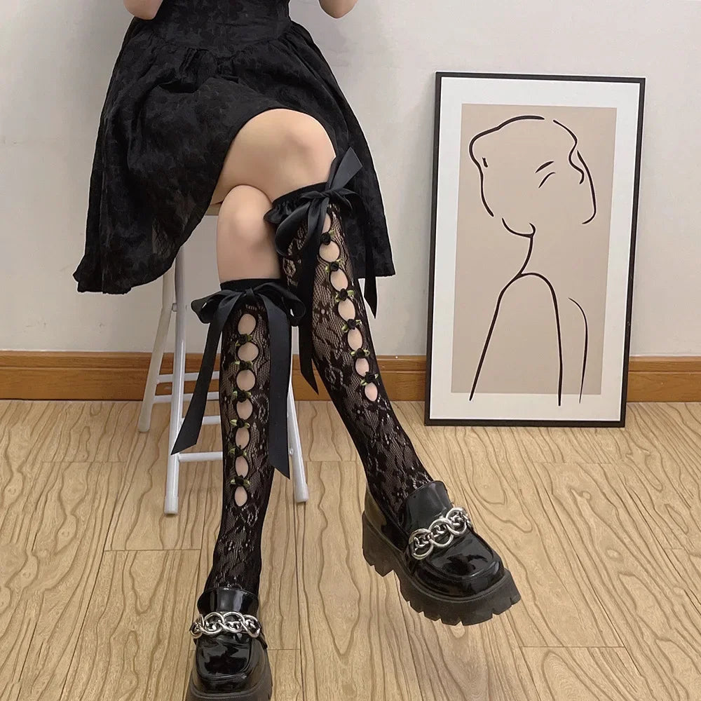 Lbsfy Cute Gothic Style Ruffles Hollow Bow JK Lolita Stockings Women Sexy Lace Mesh White Black Fishnet Knee High Long Socks Lingerie