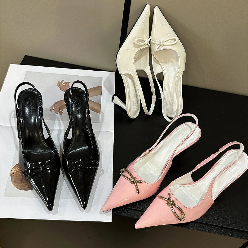 LBSFY  -  Sexy Patent Leather Pointed Toe Pumps Women Bow Hollow Fashion Party Dress Shoes Designer Slingbacks High Heel Sandals Female