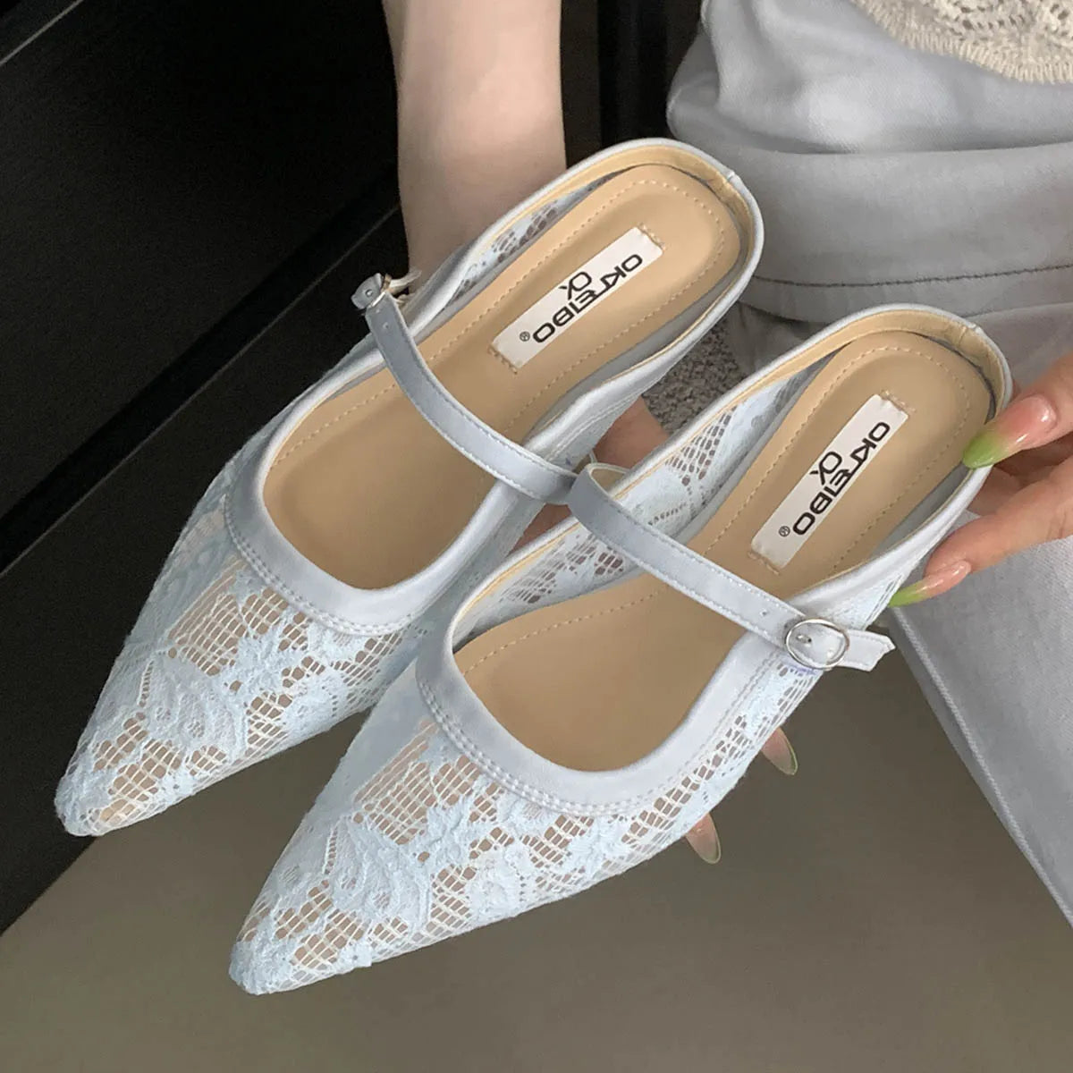 LBSFY -Fashion Hollow Out Lace Mesh Buckle Women Slippers Sandals Pointed Toe Thin Low Heels Slingback Mules Shoes Zapatos De Mujer