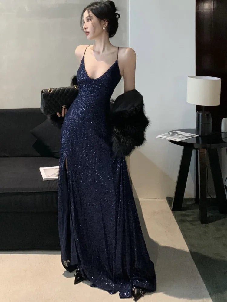 LBSFY -Elegant Backless V-Neck Split Party Dress Sexy Slim Luxury Gown Evening Dresses Fashion Robe Birthday Party Autumn Spring New