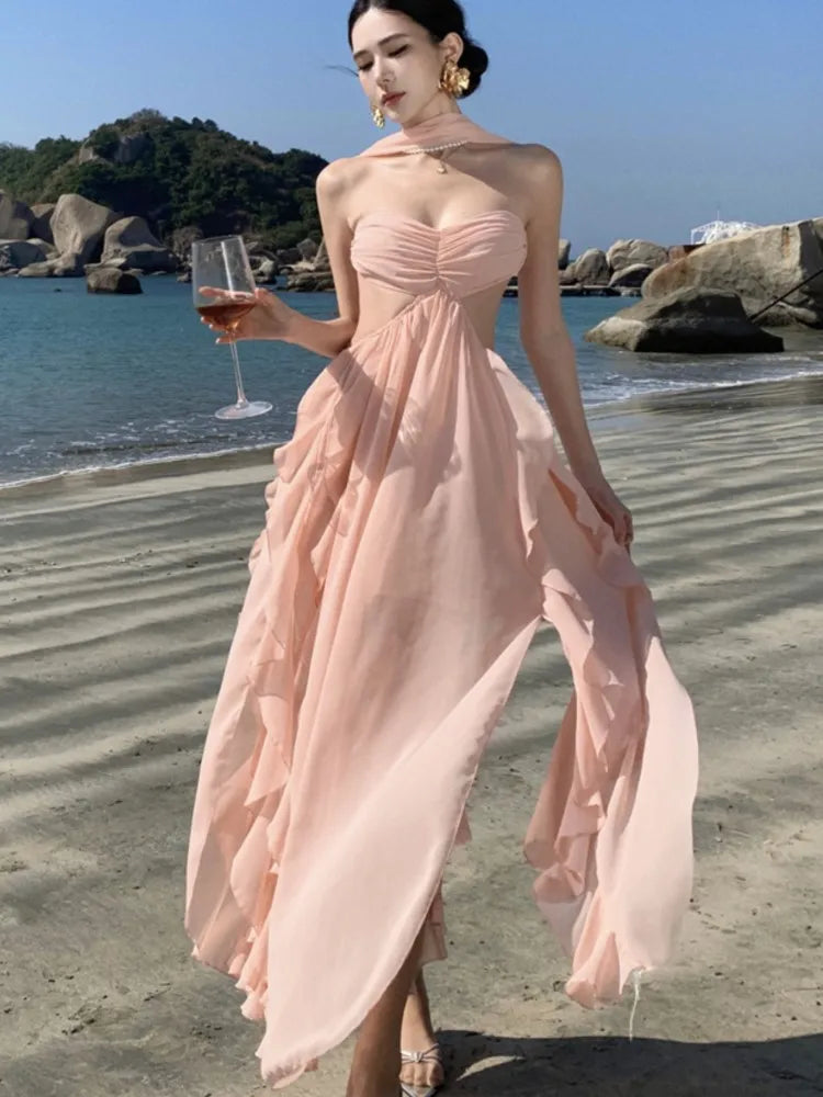 LBSFY -Summer Spring Strapless Womens Dresses Elegant Backless Irregular Ruffles Birthday Party Dress Holiday Beach Vestidos Mujer New