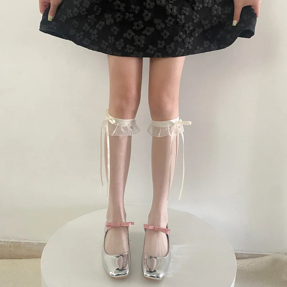 Lbsfy Lolita Girls Long Socks Summer Ultra-thin Transparent Nylon Stockings Sweet Cute JK Lace Ruffle Knee Socks Ribbon Bow Stockings