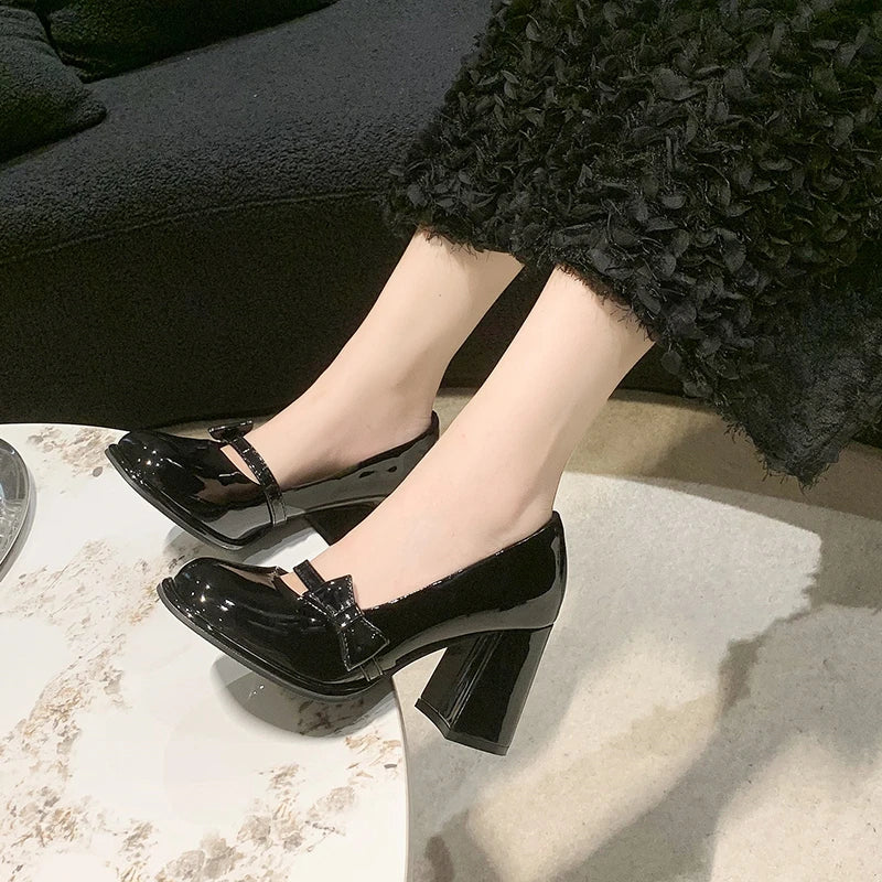 LBSFY  -    High Heels Mary Janes Women Cute Round Toe Patent Leather Pumps Woman Slip-On Square Heeled Bow Party Shoes Ladies