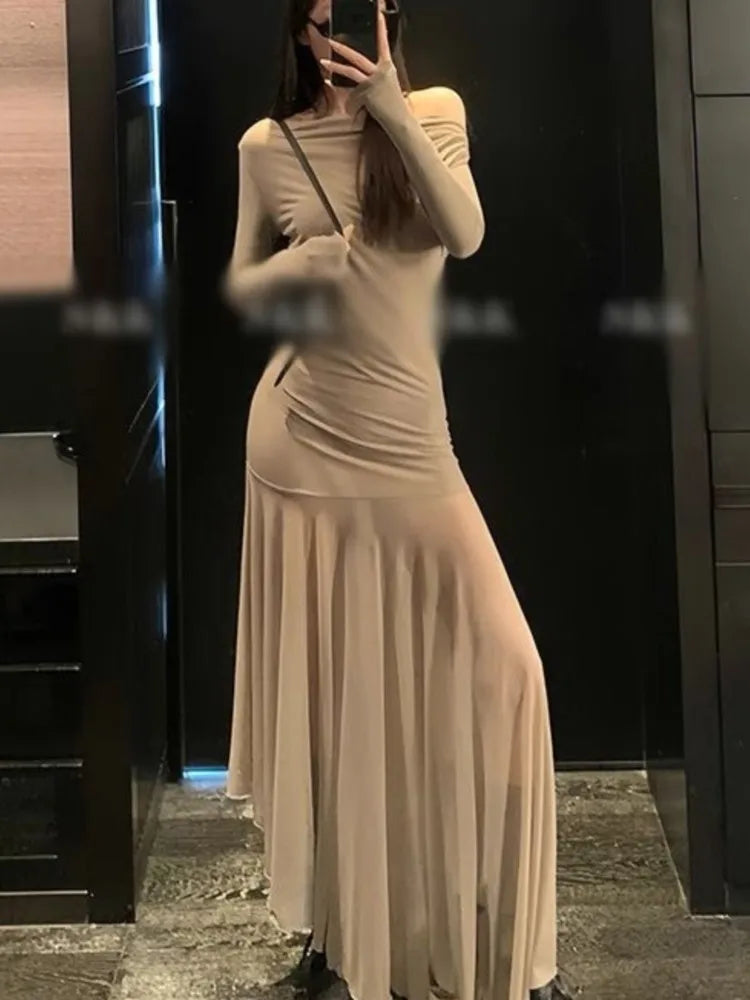 LBSFY -Sexy Vintage Elastic Women's Party Dresses 2025 Spring Autumn Long Sleeve Chic Irregular Slim Waist Slash-Neck Dress Prom Robe