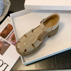 LBSFY  - Women Shoes 2024Summer New Roman Sandals Leather Fashion Retro Thick Heel High Heel Buckle Strap Heels Women Casual