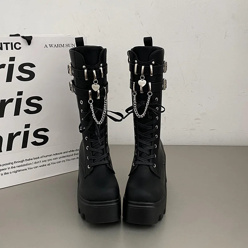 LBSFY -Women's Punk Gothic Boots 2025 Fashion Buckle Chain High Heels Mid Calf Boots Women Black Pu Leather Plus Size 42 Autumn Botas
