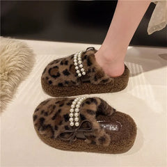 LBSFY  -  Shoes Woman 2024 Plush Slippers For Adults Platform Pantofle Low Cover Toe Butterfly-Knot String Bead Fur New Butterfly-knot Rom