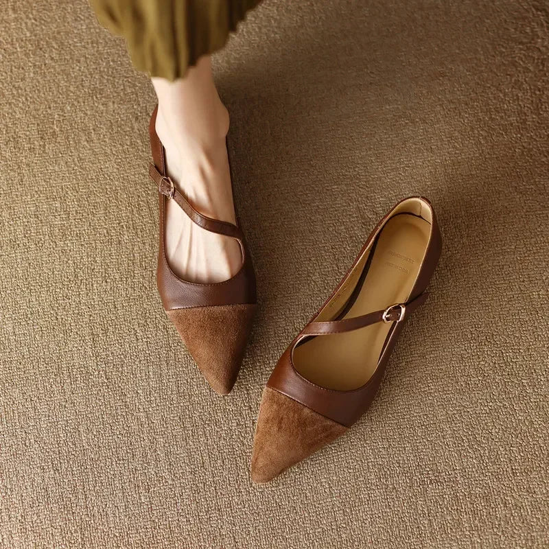 LBSFY  -Women Flat Women's Pointed Toe Retro Single Shoes One Word Buckle Round Mary Jane Shoes Ballerina Flats Mujer