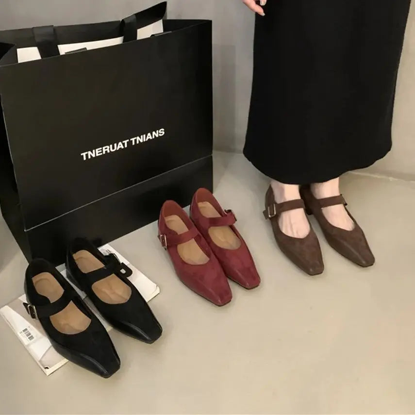 LBSFY  -   Ladies Flat Shoes High Quality Mary Janes Women's Pumps Elegant Dress Pumps Women Square Toe Buckle Strap Low Heel Shoe